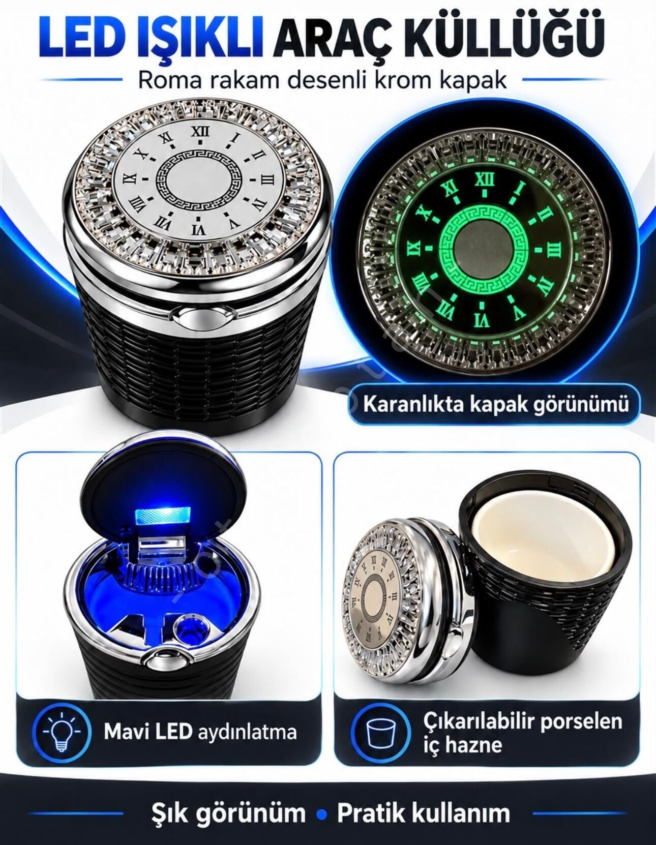 Fosforlu Taşlı Tip Işıklı Kapaklı Küllük